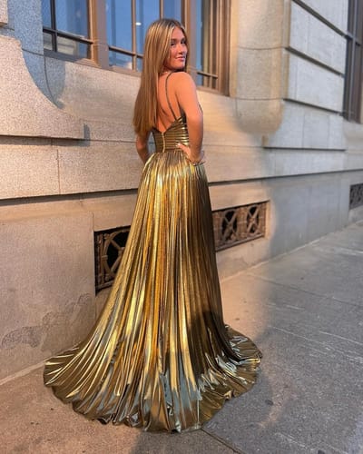 Customer photo review of Queen Style Metallic Fabric Cross Neck Cutout Slit Pleated Maxi Dress