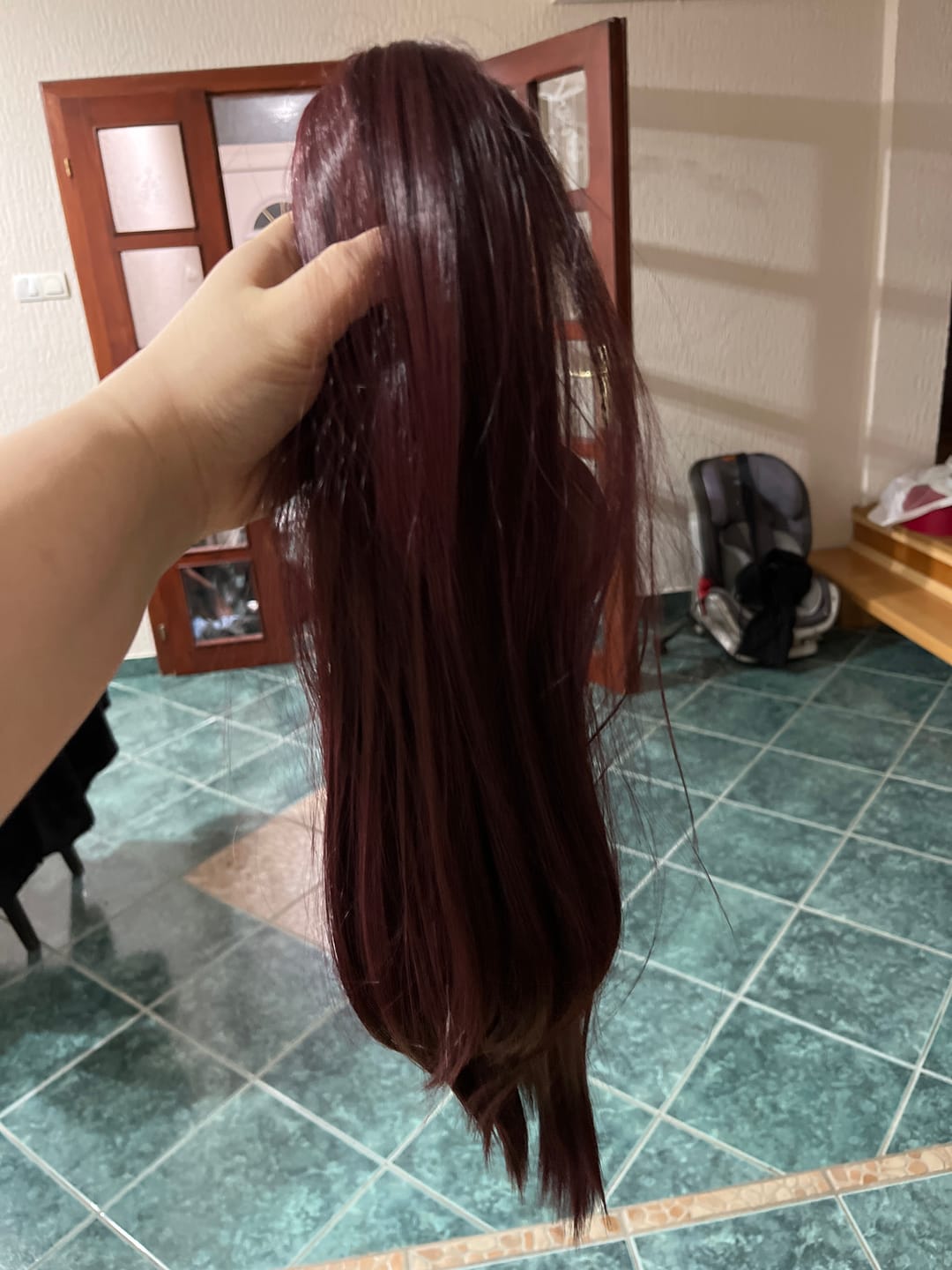 Customer photo review of Stranded Long Straight Clip-in Ponytail #99J Plum Blossom