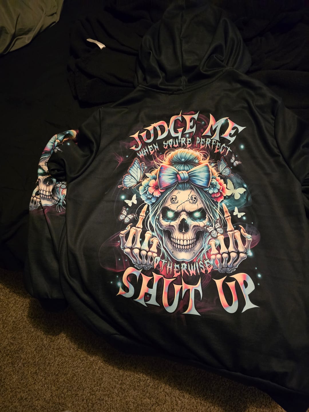 Customer photo review of JUDGE ME WHEN SKULL MESSY BUN ALL OVER PRINT  - TLTR0401251