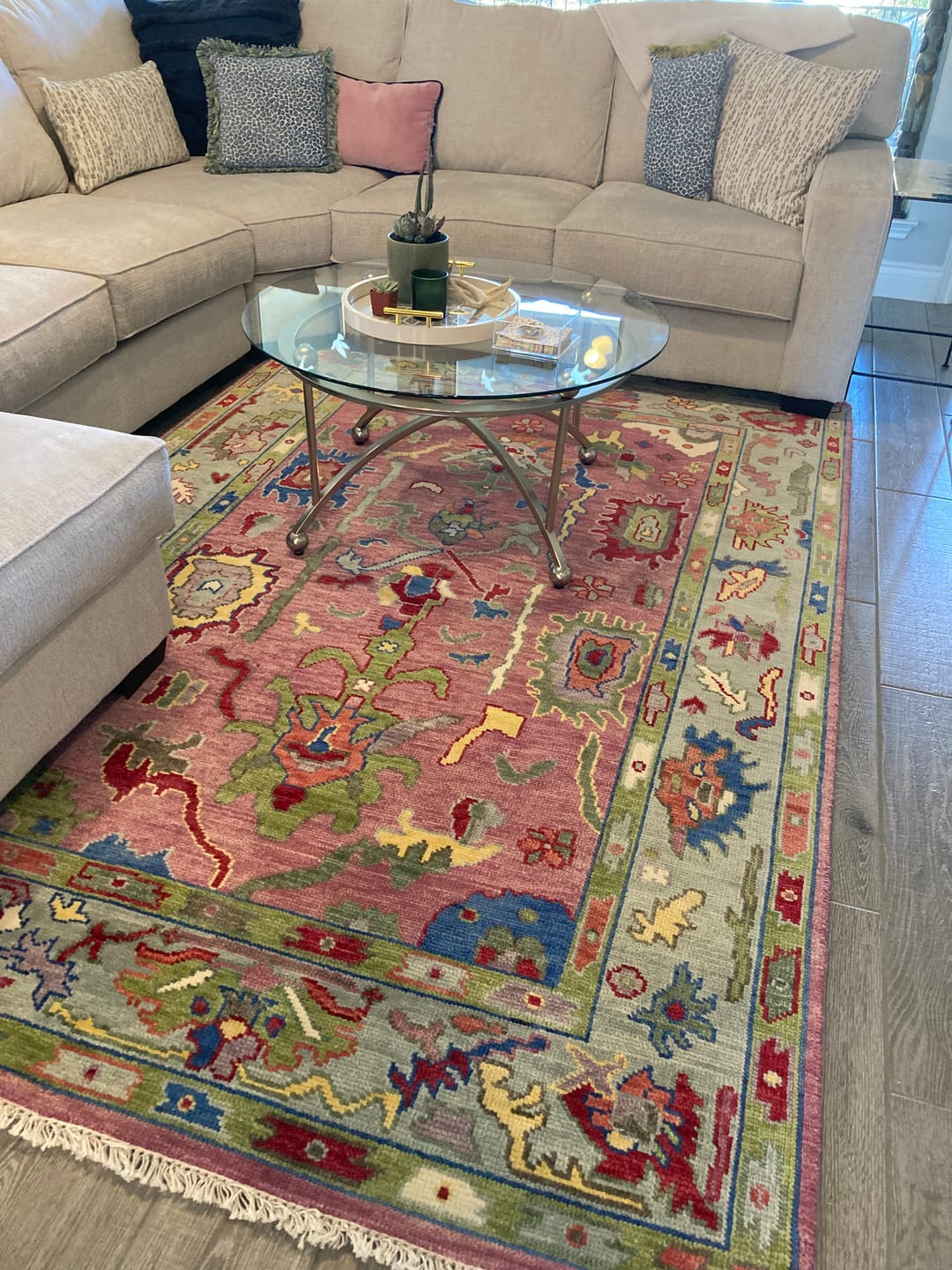 Customer photo review of Ready to Ship Pink Modern Oushak Rug Wool Blue Colorful Hand knotted Area Rug