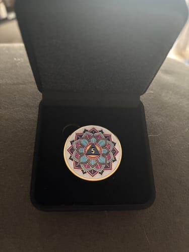 Customer photo review of 1 to 50 Year Sobriety Mint 'In Bloom' Lotus Flower Gold Plated AA Recovery Medallion/Chip/Coin - White
