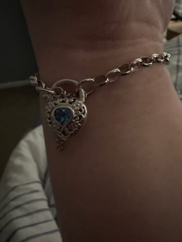 Customer photo review of Blue Topaz Filigree Heart Padlock Bracelet in Sterling Silver