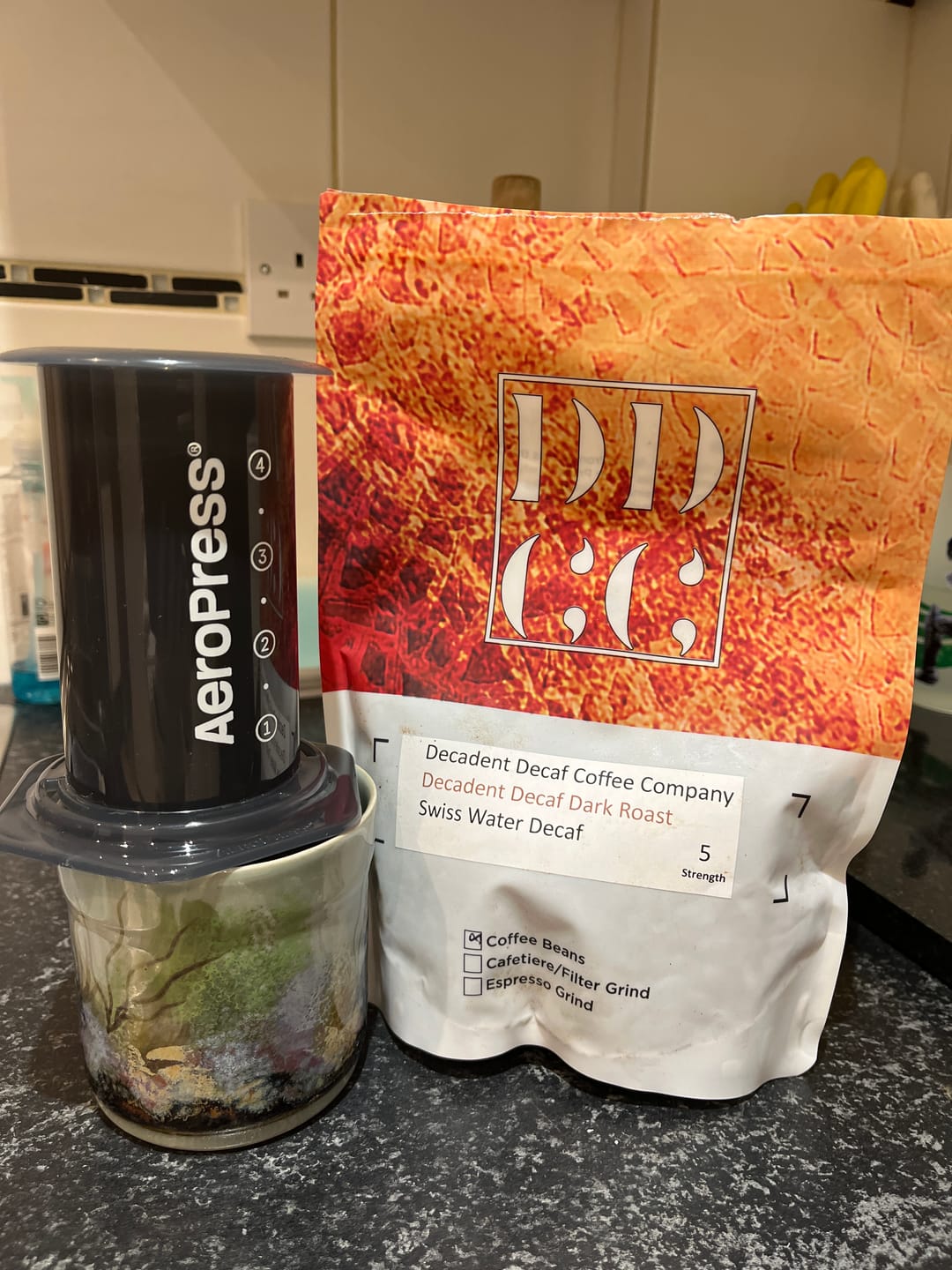 Customer photo review of Decadent Decaf Dark Roast Decaffeinated Coffee Blend - Swiss Water Decaf/CO2 Process - Strength 5