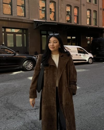 Customer photo review of Molly faux suede Trenchcoat