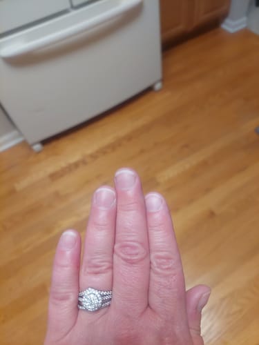 Customer photo review of V-Shaped Moissanite Half Eternity Sterling Silver Wedding Band Stackable Ring