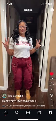 Customer photo review of Heavy on the Self Love T-Shirt (White Shirt/Garnet Print)