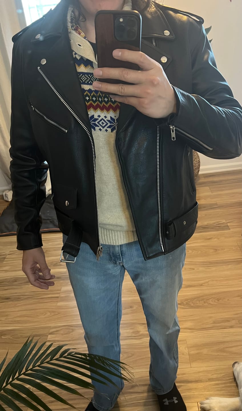 Customer photo review of "Perfect" Biker Style Classic Black Premium Heavy Leather Jacket