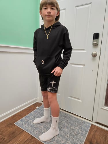 Customer photo review of Psalm 56:3 'Cross' Youth Performance Shorts
