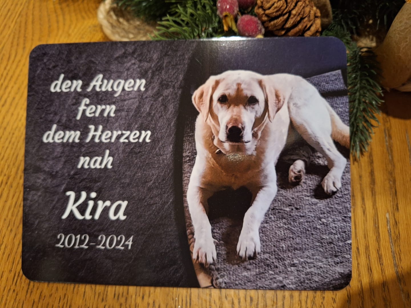 Customer photo review of Hunde Gedenktafel mit Foto & Spruch (UV- & Wetterfest)