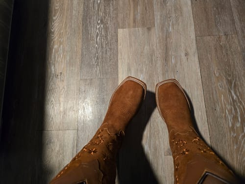 Customer photo review of Women’s Cognac Suede Boots With Floral Embroidery