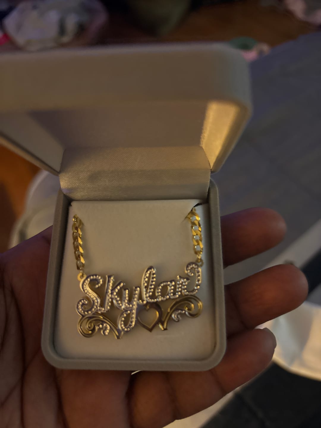 Customer photo review of Double Nameplate Necklace w/ Love Heart "Laurie"
