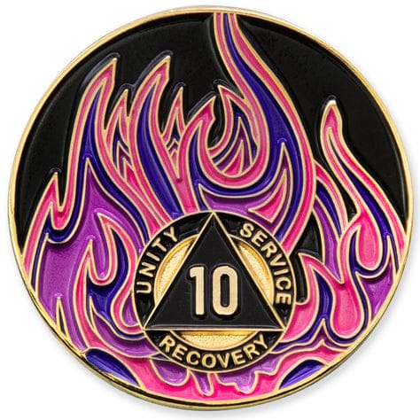 Customer photo review of 1 to 40 Year Sobriety Mint Twisted Flames Gold Plated AA Recovery Medallion/Chip/Coin - Black/Pink/Purple/Blue
