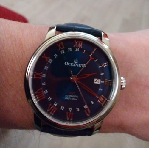 Customer photo review of Oceaneva Men's OceanTrek GMT Automatic 200m Leather Watch Blue