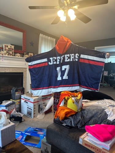 Customer photo review of Personalized Navy/Red Hockey Hooded Blanket