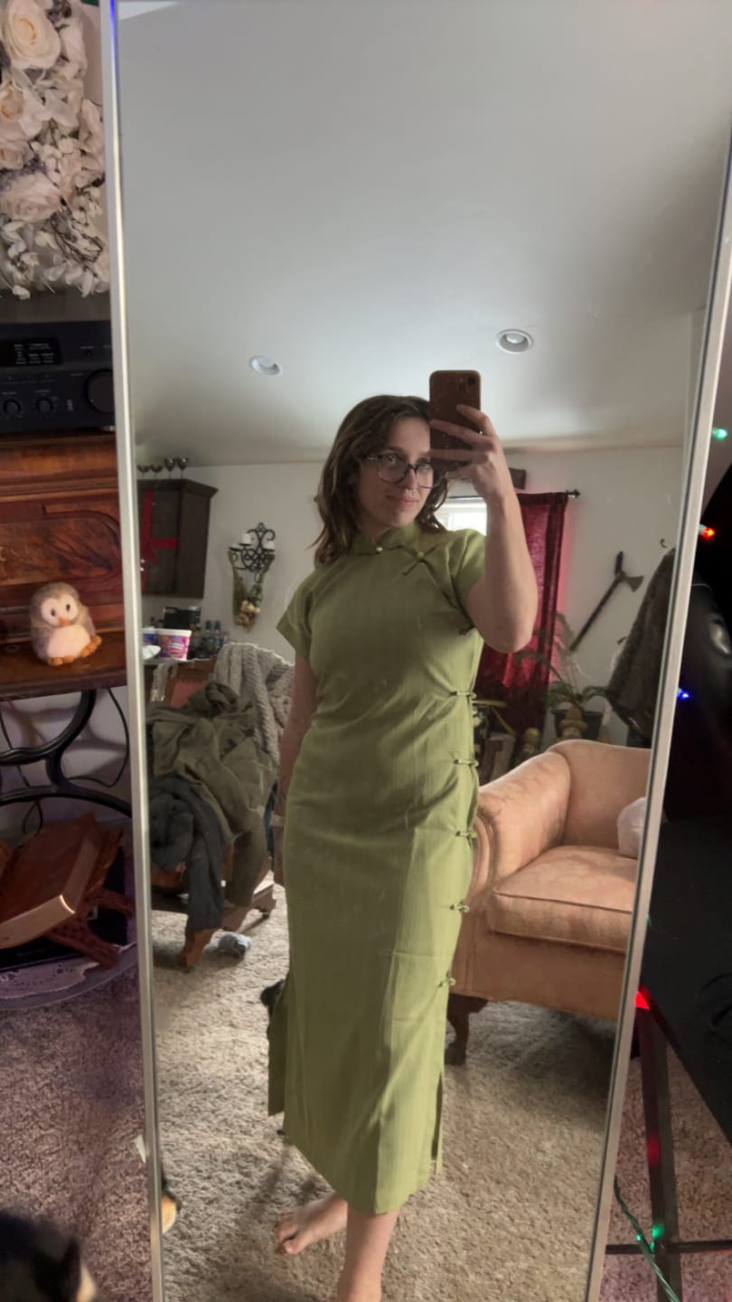 Customer photo review of Jue Lei 蕨类 Fern 1930s Cotton & Linen Daily Qipao