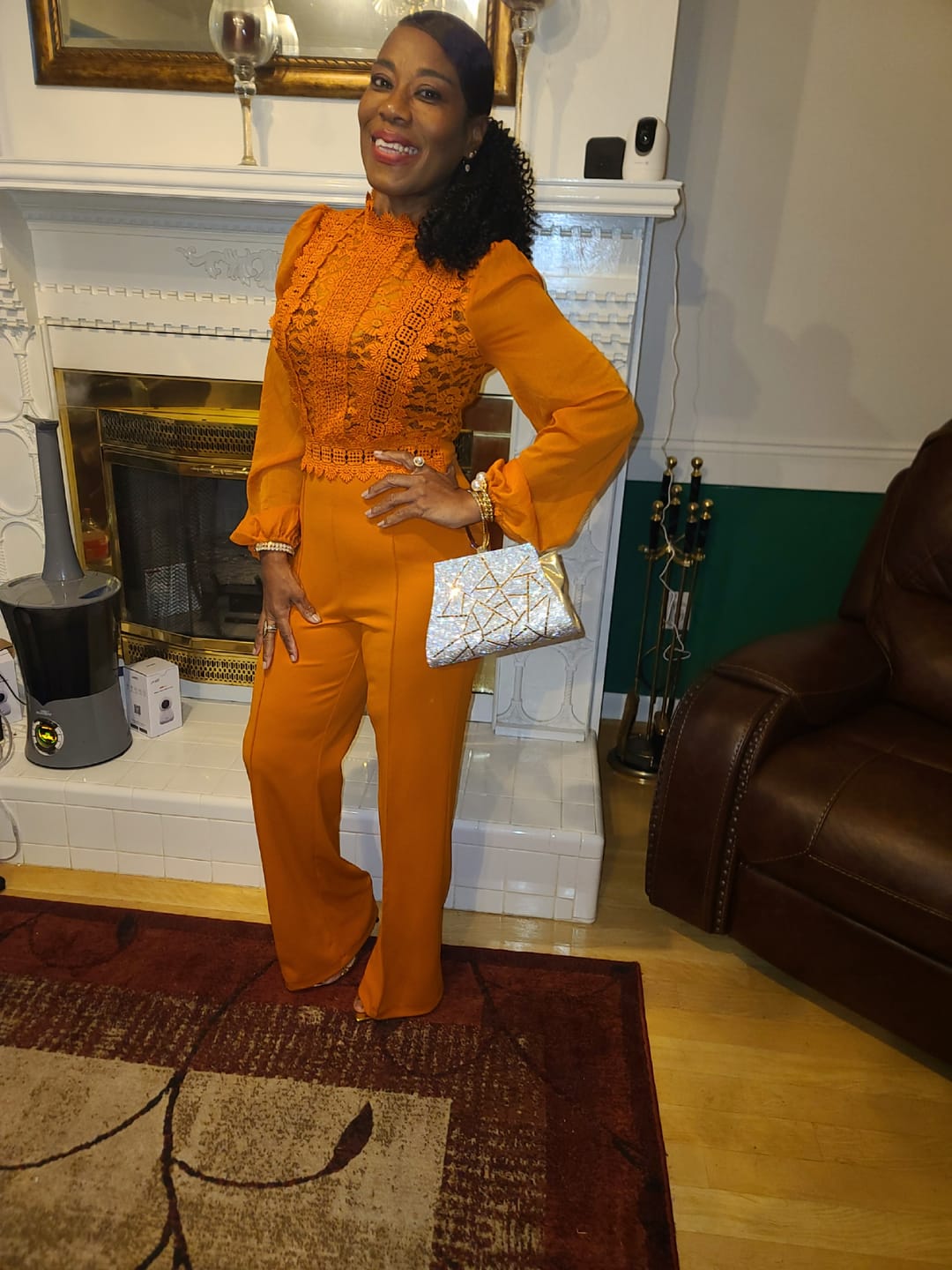 Customer photo review of Nerine Crochet Lace Mesh Jumpsuit - Cognac Brown