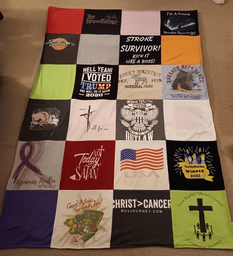 T-shirt quilt with politics, outdoor themes by GLENDA g from AL