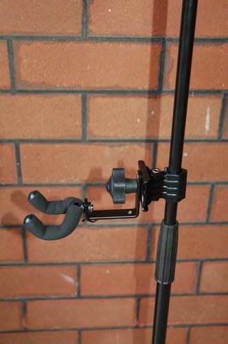Customer photo review of SCL-VH Ukulele Holder clamps to your Table, Music stand or Mic stand: Safety, Convienence, Space Saving