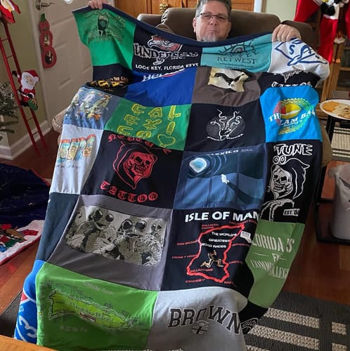 T-shirt quilt with tattoos, florida themes by Karen from NJ