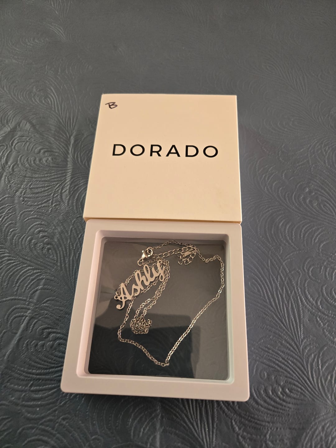 Customer photo review of Custom Name Necklace w/ Pearl Chain