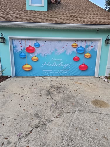 Customer photo review of Turquoise Happy Holidays and Joyful New Year Garage Door Cover Banner Wrap