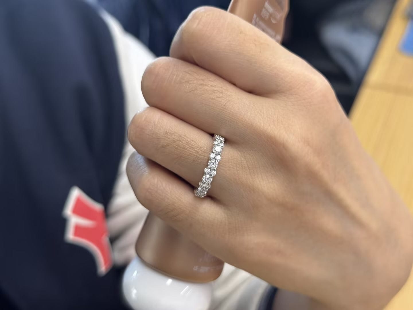 Customer photo review of S925 Moissanite 2.5 Ct Round Cut Full White/Green Stone Wedding Band for Women