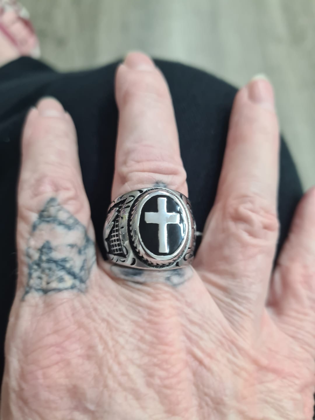 Customer photo review of Retro Cross "Hand of God" Titanium Religion Ring