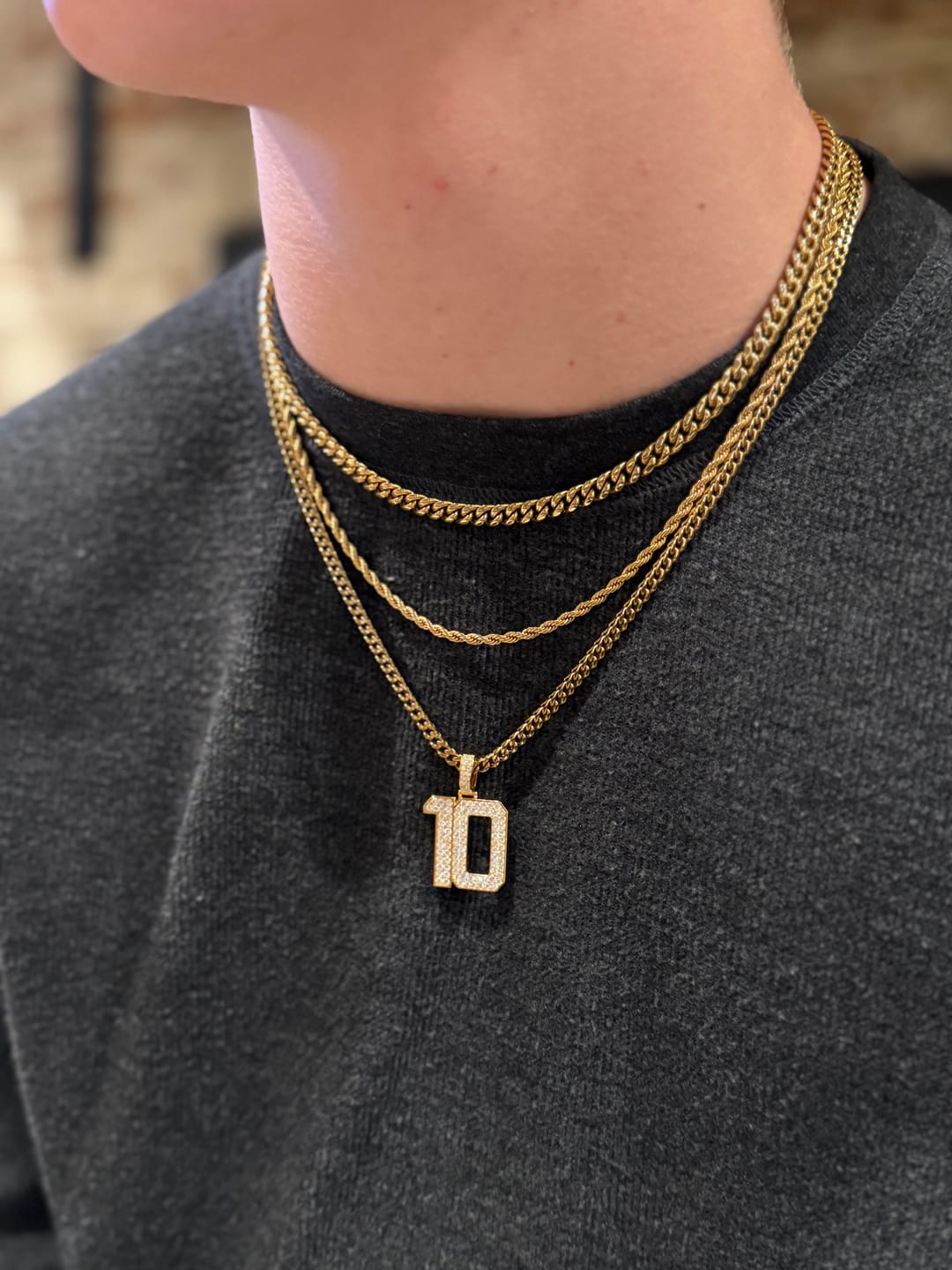 Customer photo review of Iced Jersey Number Pendant with Moissanite Diamonds (18K Gold Vermeil)