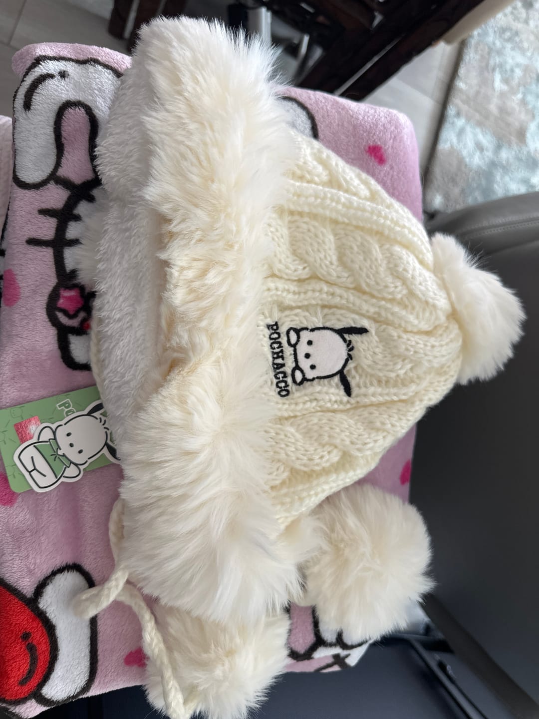 Customer photo review of Sanrio Knitted Furry Beanie Hat with Pom Pom