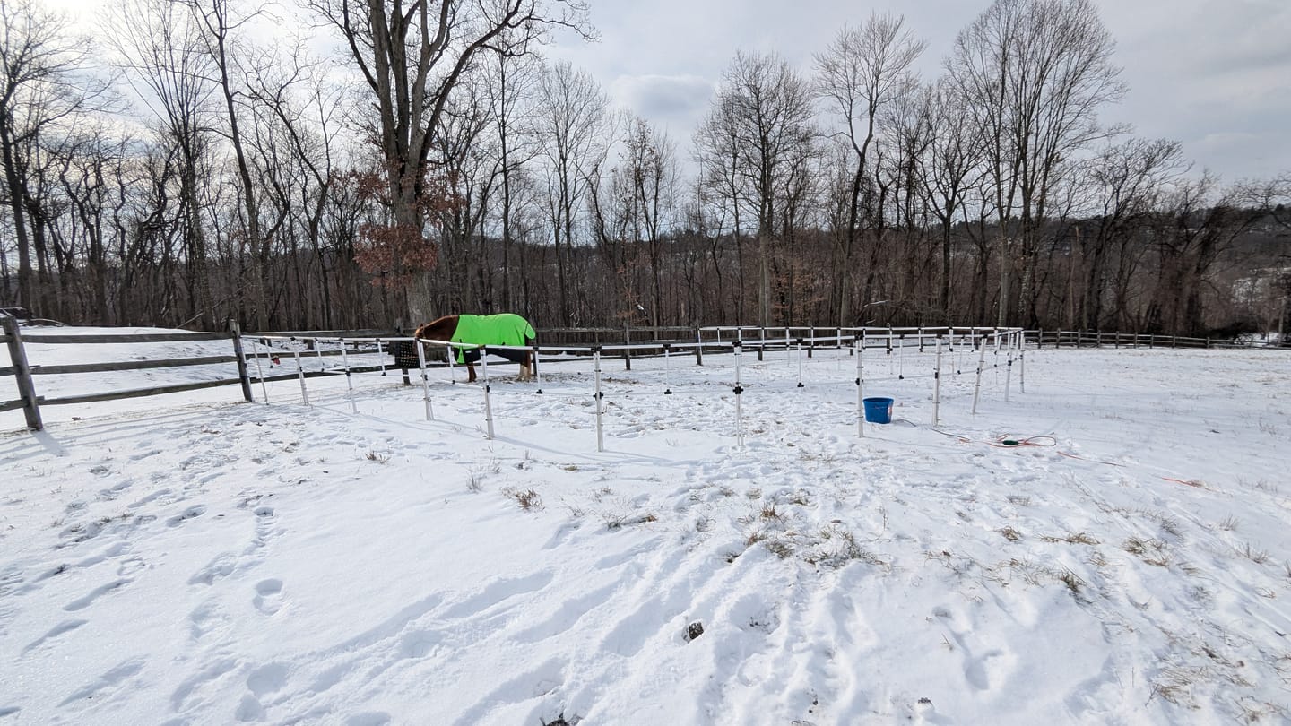 Customer photo review of Ready Made Portable Electric Horse Corral Fencing: (Electric EconoLine 12 Panels; 2 Rails)