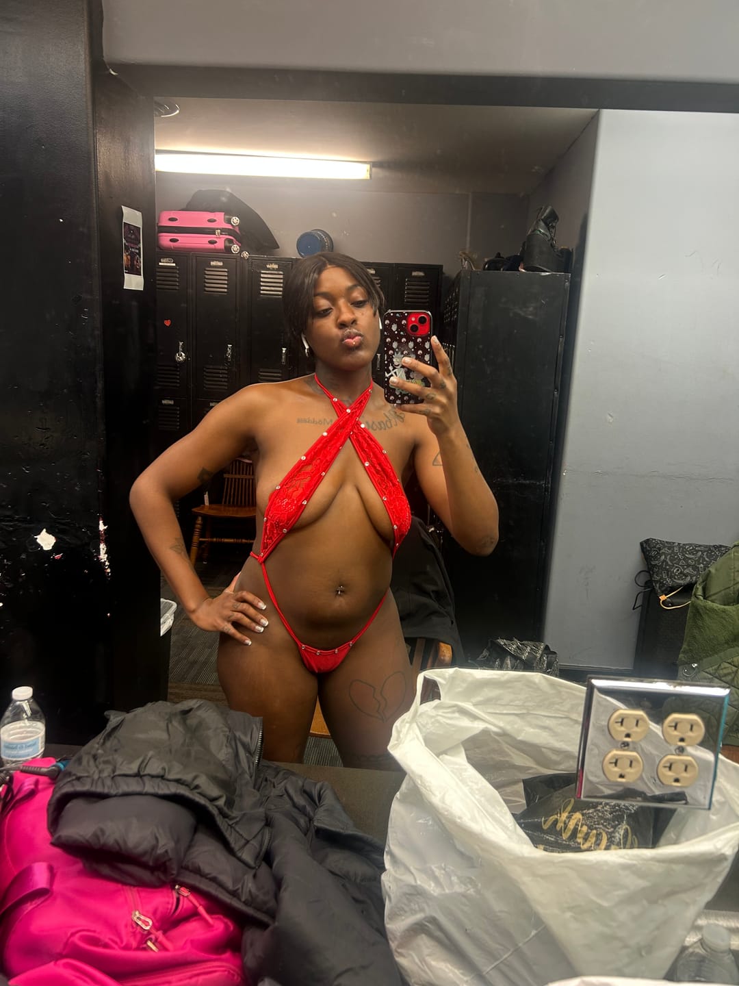 Customer photo review of Paradise Sling Onesie: Lace Red & Diamonds