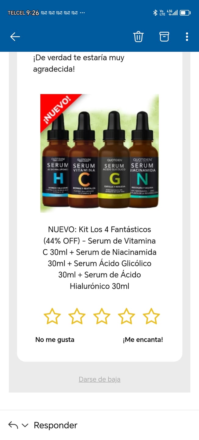 Customer photo review of NUEVO: Kit Los 4 Fantásticos (44% OFF) - Serum de Vitamina C 30ml + Serum de Niacinamida 30ml + Serum Ácido Glicólico 30ml + Serum de Ácido Hialurónico 30ml