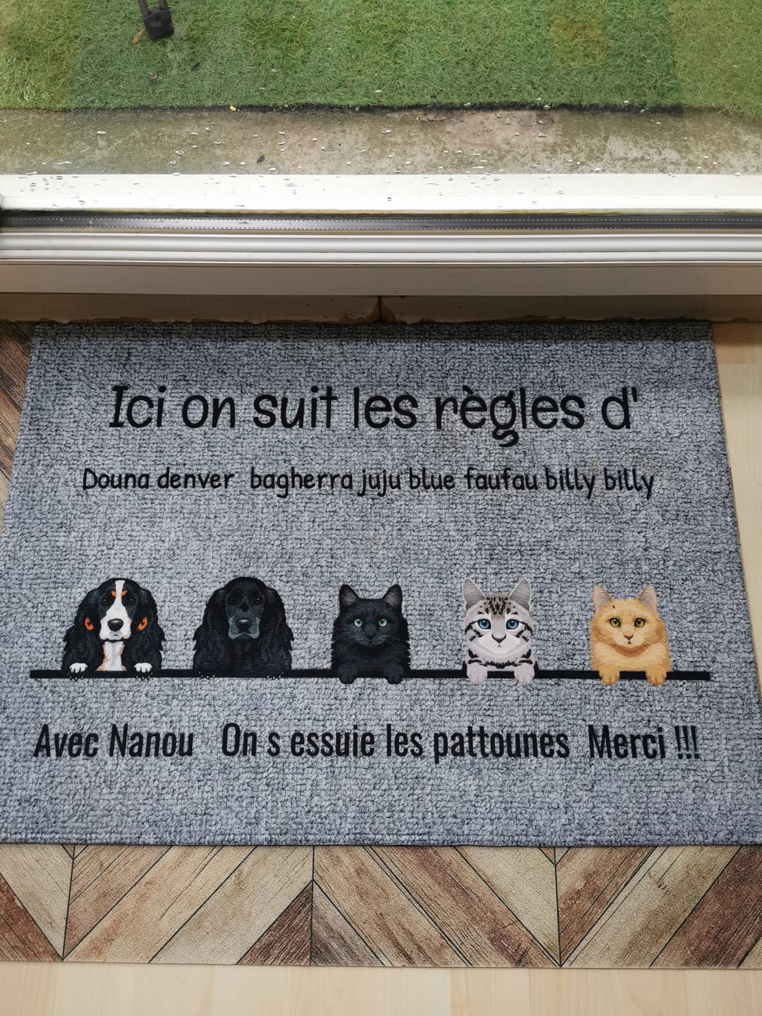 Customer photo review of Tous mes amis à poils - Paillasson personnalisé