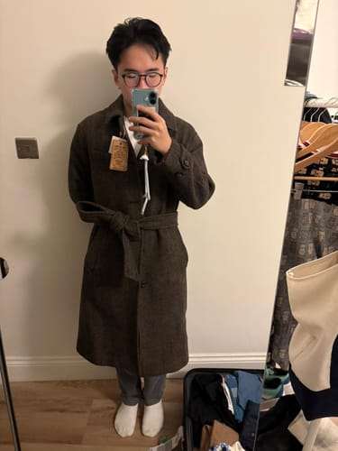 Customer photo review of 1920s Brown Herringbone Tweed Balmacaan Coat