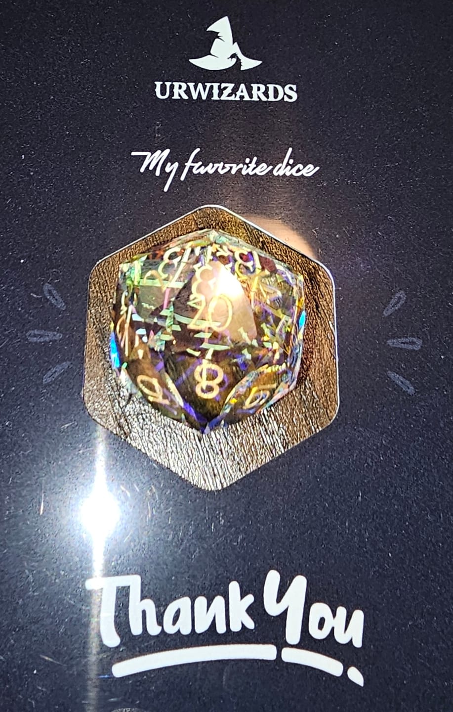 Customer photo review of URWizards D&D Multi-faceted Prism Glass Engraved Dice Set