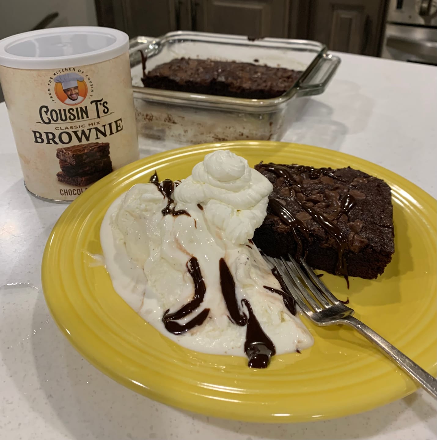 Customer photo review of Cousin T's Gourmet Chocolate Fudge Brownie Mix