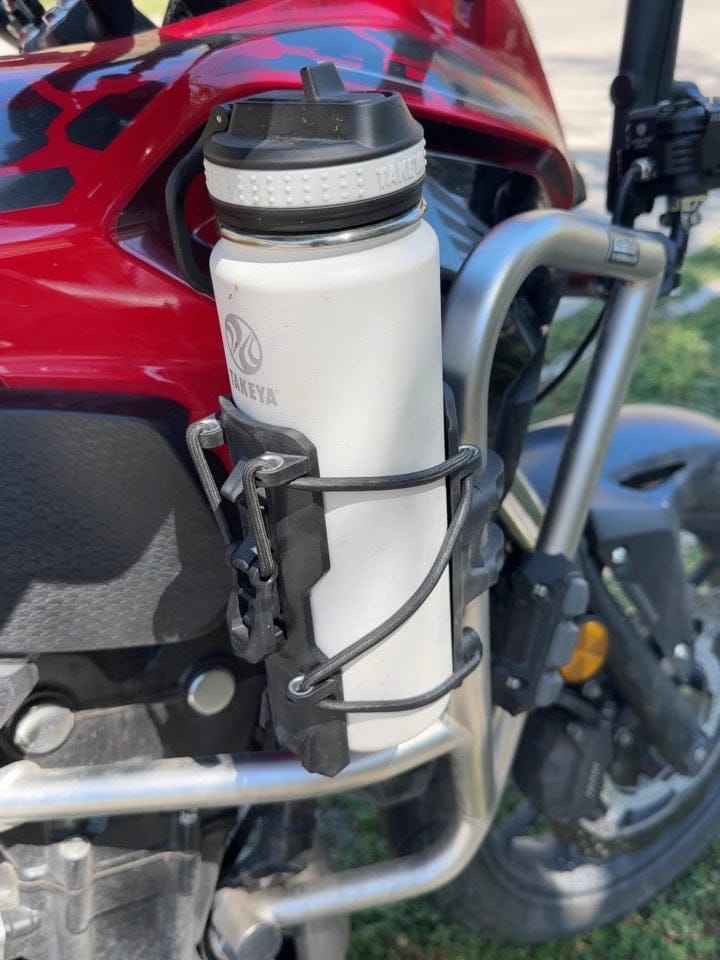 Customer photo review of LOBOO Quick-Adjust Motorcycle Drink Holder | Fits 25mm Crash Bars & Panniers (For Bottles or Fire Extinguisher)