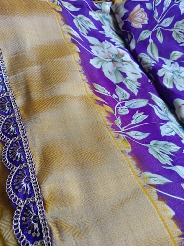 Customer photo review of Purple Floral Printed Dola Silk Saree With Zari Border