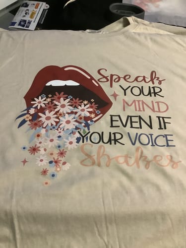 Customer photo review of Speak Your Mind DTF Transfer