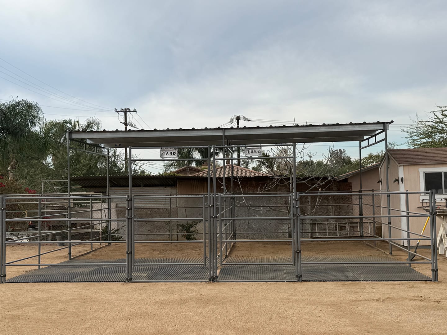 Customer photo review of Two 12x24 Horse Stalls Side-by-Side with 12x12 Sloped Covers (4 Rail)