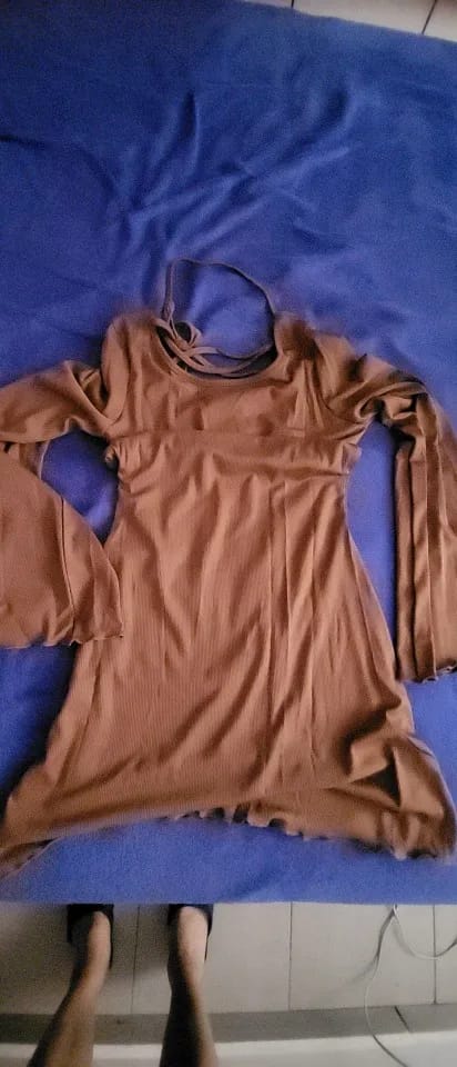 Customer photo review of Bandage O-Neck A-Line Mini Dress Flare Sleeves — Brown | KIMLUD