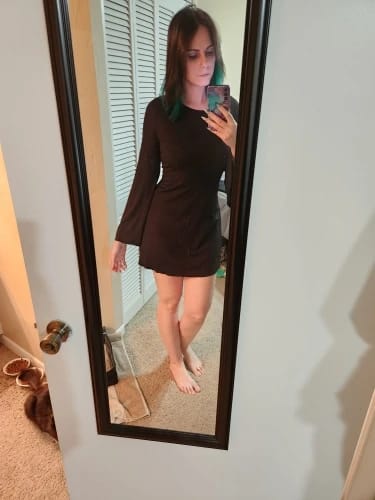 Customer photo review of Bandage O-Neck A-Line Mini Dress Flare Sleeves — Brown | KIMLUD