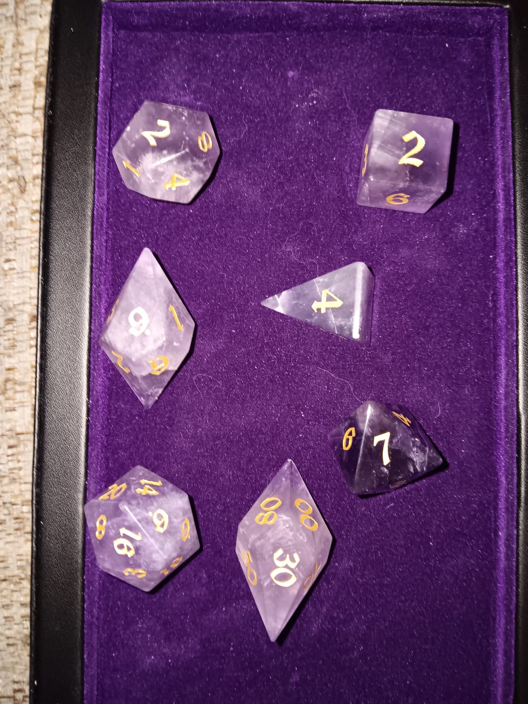 Customer photo review of Gemstone Purple Amethyst Elven Cut DND Dice Set