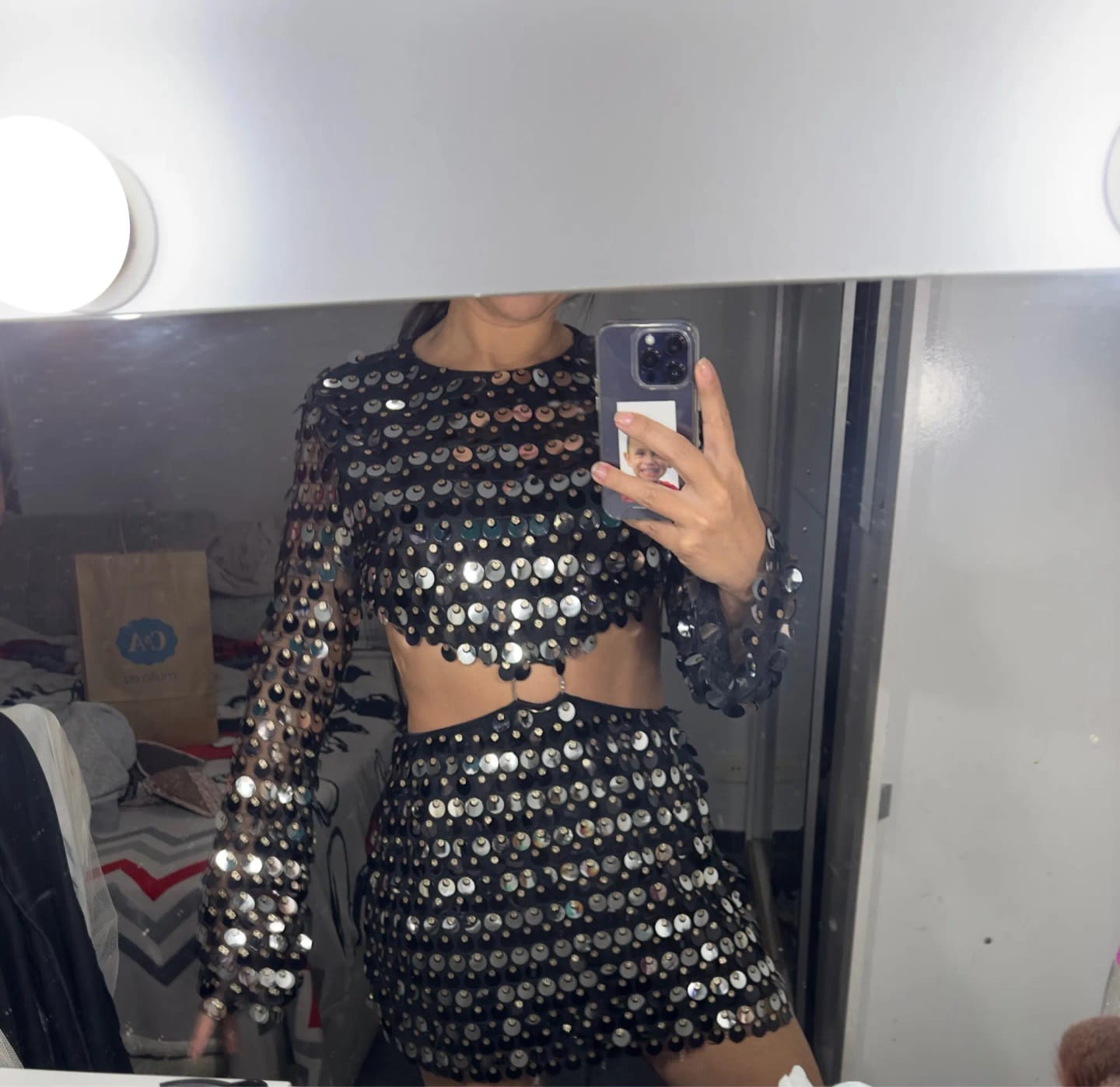Customer photo review of Sequined Flare Sleeve Mini Dress O-Neck — Black | KIMLUD