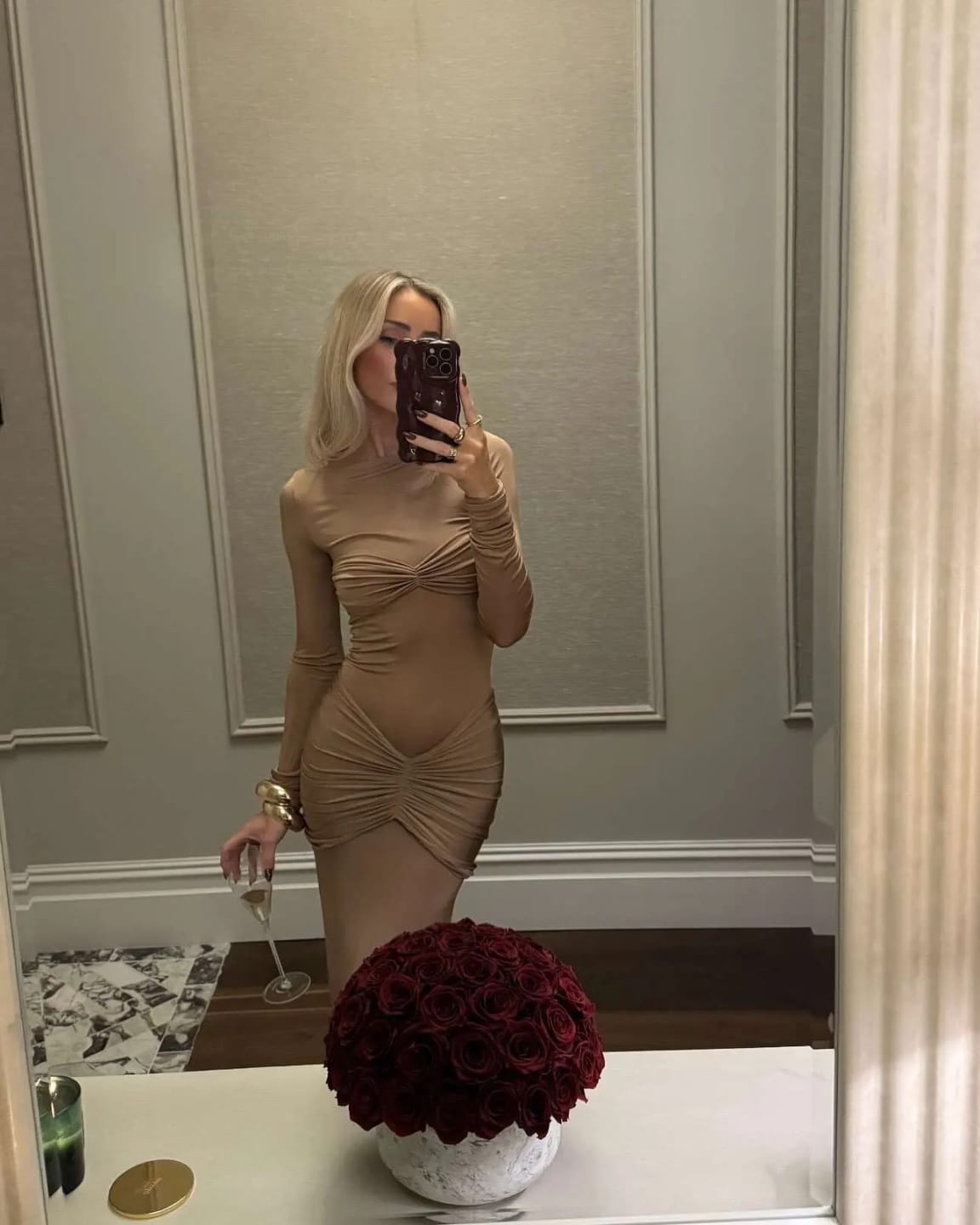 Customer photo review of Polyester Ruched Maxi Dress Round Neck — Khaki | KIMLUD