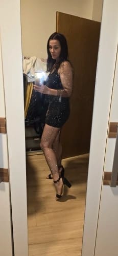 Customer photo review of Rhinestone Grid Fishnet Dress Long Sleeve O-Neck With Side Slit For Nightlife — Black | KIMLUD