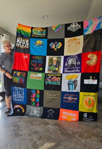 T-shirt quilt with pickleball, volleyball themes