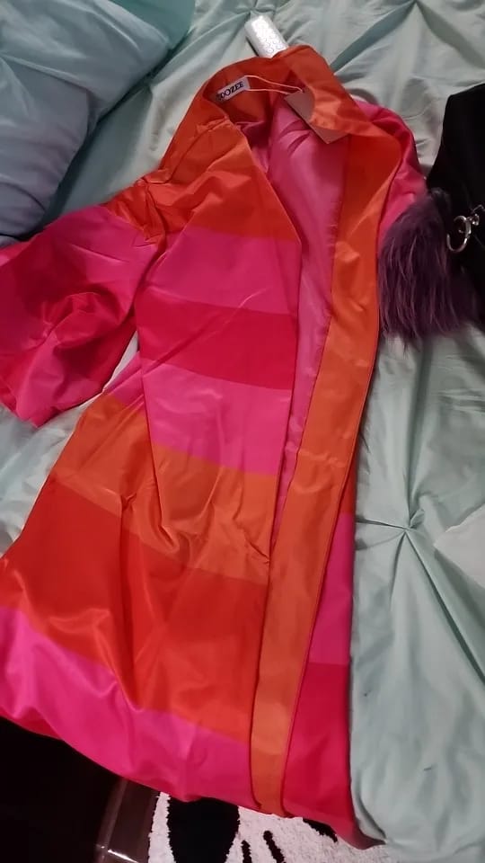 Customer photo review of Polyester Coat Striped Contrast Color Long Sleeve — Multicolor Coral-Orange Fuchsia Pink | KIMLUD