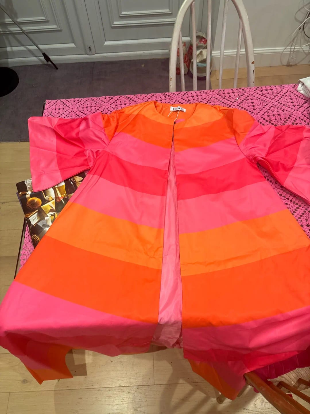 Customer photo review of Polyester Coat Striped Contrast Color Long Sleeve — Multicolor Coral-Orange Fuchsia Pink | KIMLUD