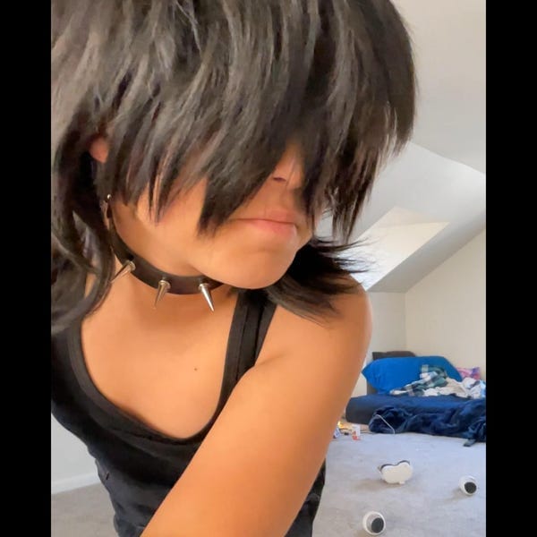 Customer photo review of Men Black Long Straight Fringe Bangs Layered Mullet Cosplay Wig